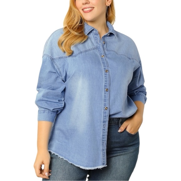 Agnes Orinda Size 2X Blue Cotton Collared Long Sleeve Button Down Denim Shirt - Picture 1 of 8